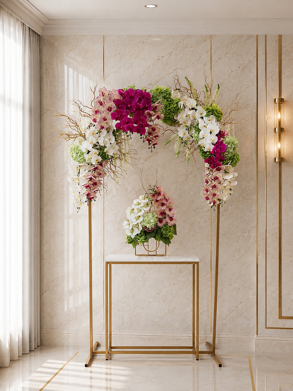 The Arch: a Petal & Pearl Vort and Tenoyim backdrop, a gold arch of magenta orchids with white and pink silk blooms