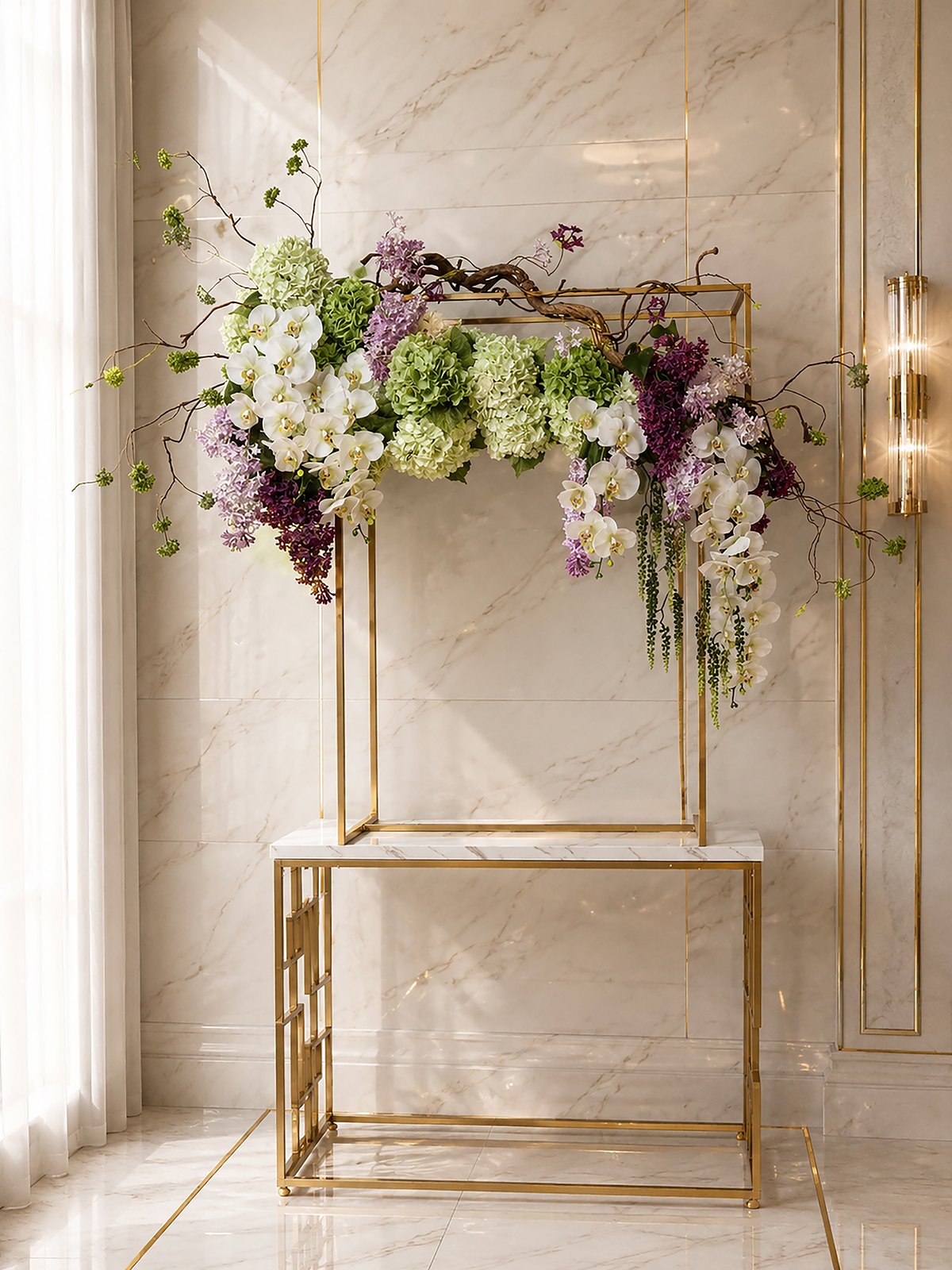 Lilacs: a Petal & Pearl backdrop, a gold frame crowned with lilac, white and green silk hydrangea and hanging wisteria