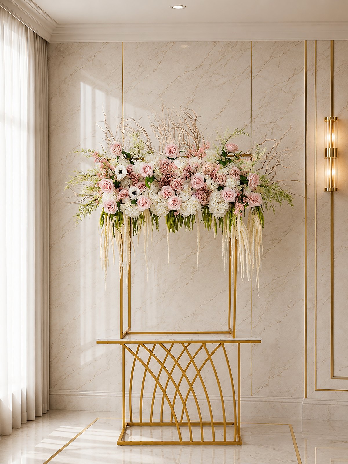 Roses: blush and white silk roses cascading over a gold frame with a sculpted gold console