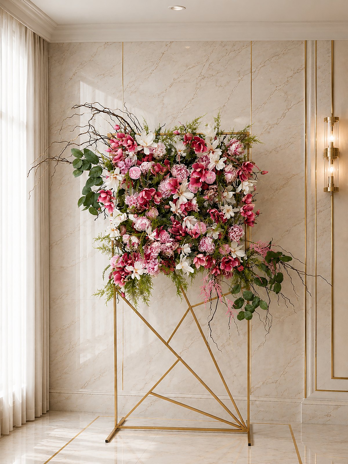 The Wall: dense pink and fuchsia silk rose flower wall on a geometric gold stand